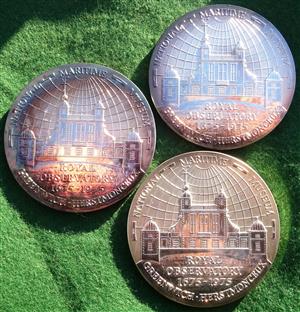 London, Royal Greenwich Observatory, Tercentenary 1974, cased set of three sterling silver medals