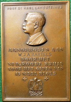 Netherlands, Prof Karl Lansteiner Red Cross medal circa 1935, for giving blood 15 times, named to WJA Bartels