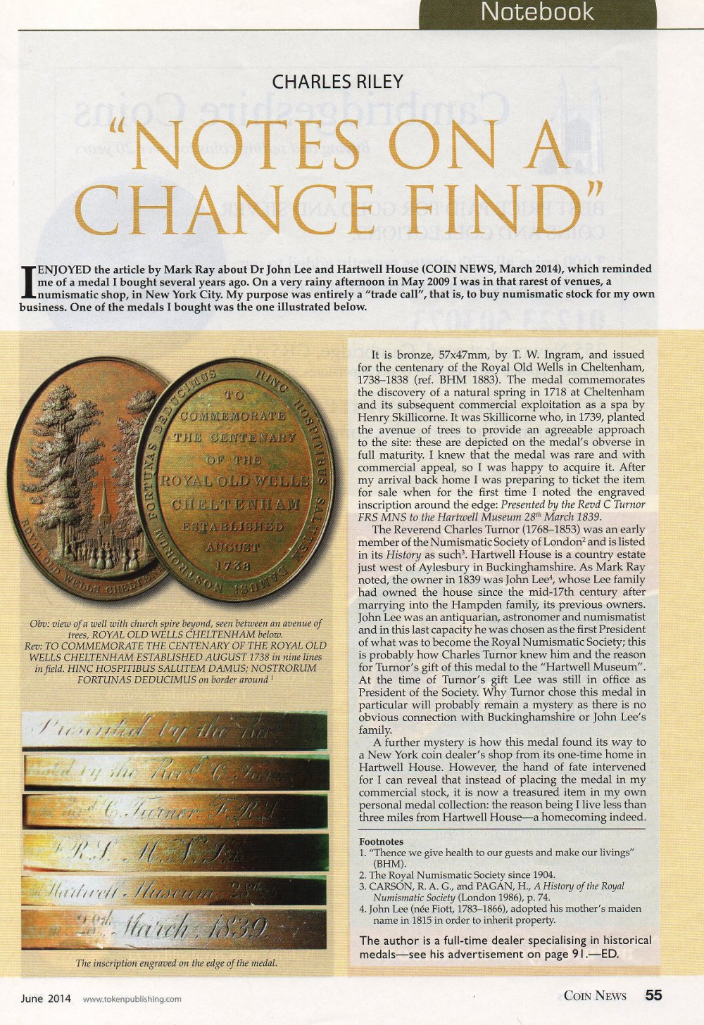 Hartwell House medal Coin News June 2014